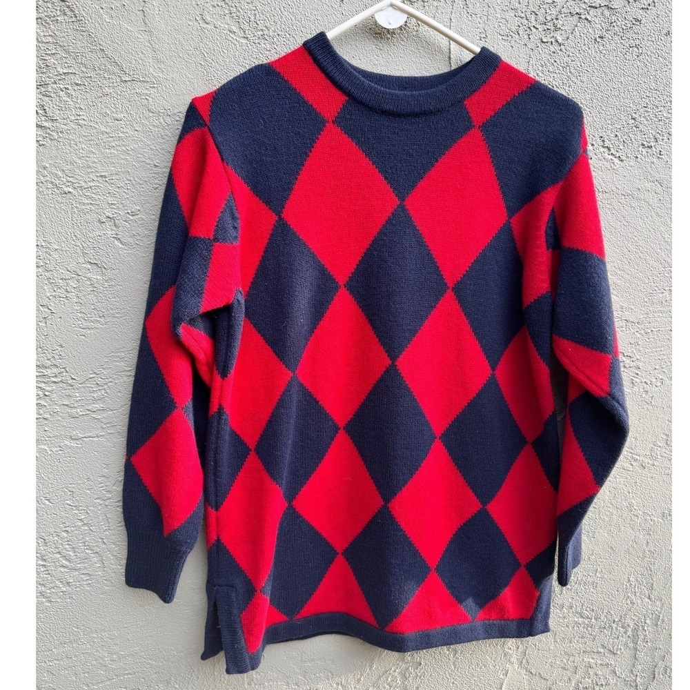 Vintage Liz Claiborne Womens Red Blue Diamond Wool Sweater SMALL Colorblock - Picture 6 of 6